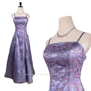 Alyce Prom Dress Maxi Gown 4 Purple Vintage Y2K Floral Bead Fairy Princess Glam